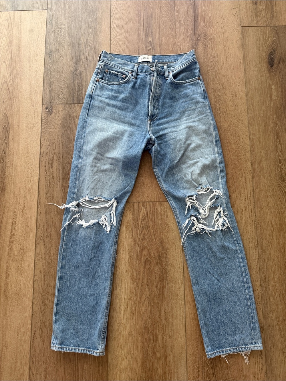 Agolde Light Blue Distressed Straight Leg Jeans